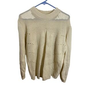 NOWRAIN Women Cream Pointelle Knit Sweater Crew Neck Long Sleeve XL Creamy White